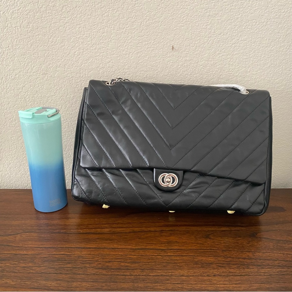 Black Chevron Quilted 15" Large Leather Convertible Crossbody Shoulder Bag S10